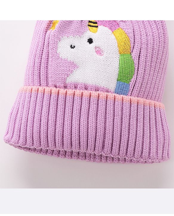 Babyhug Pom Pom Woolen Cap Unicorn Design - Purple