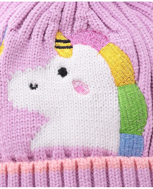 Babyhug Pom Pom Woolen Cap Unicorn Design - Purple