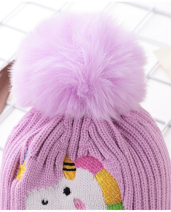 Babyhug Pom Pom Woolen Cap Unicorn Design - Purple