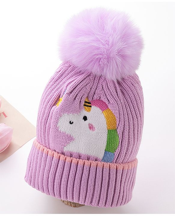 Babyhug Pom Pom Woolen Cap Unicorn Design - Purple