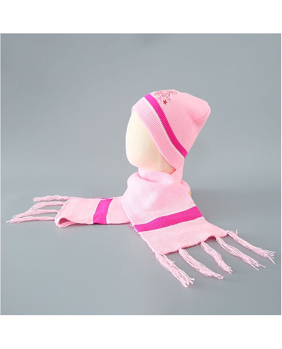 Babyhug Woollen Floral Design Caps & Gloves Set With Muffler - Pink