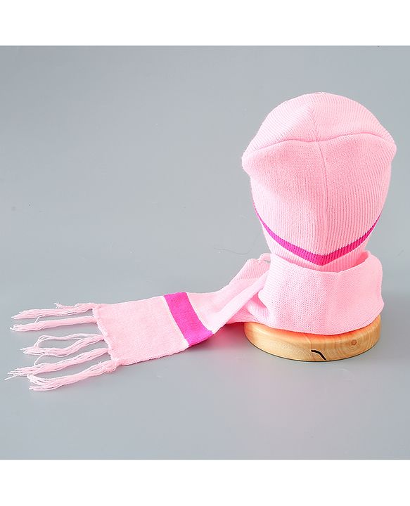 Babyhug Woollen Floral Design Caps & Gloves Set With Muffler - Pink
