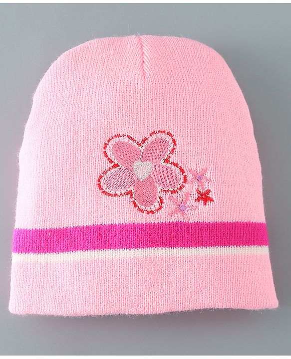 Babyhug Woollen Floral Design Caps & Gloves Set With Muffler - Pink