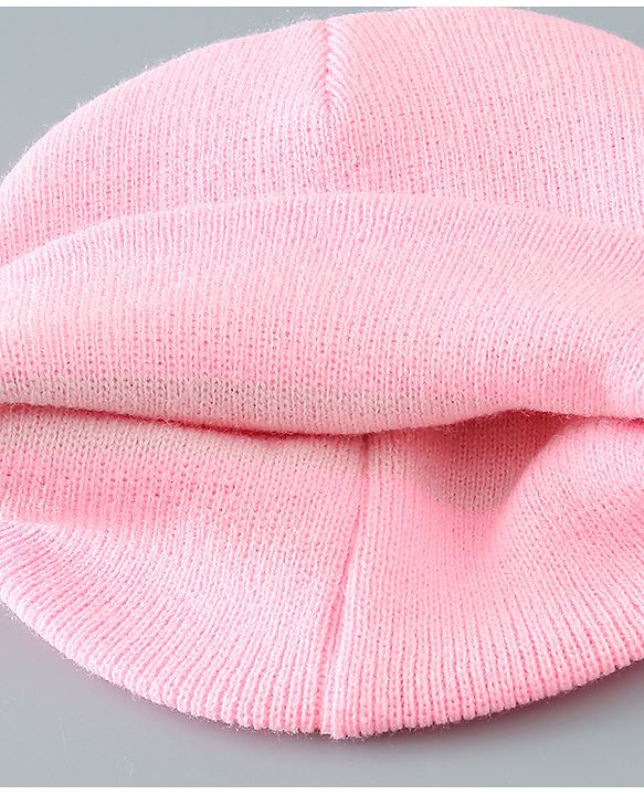 Babyhug Woollen Floral Design Caps & Gloves Set With Muffler - Pink