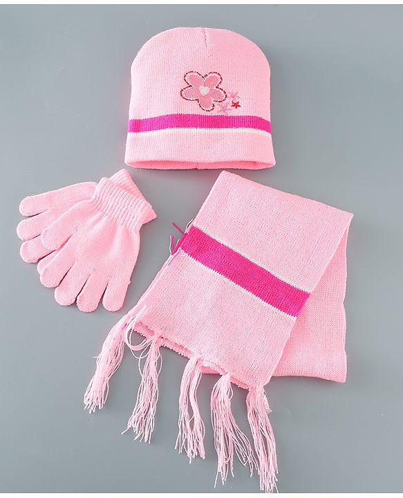Babyhug Woollen Floral Design Caps & Gloves Set With Muffler - Pink