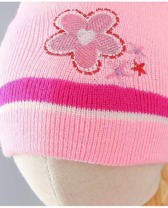 Babyhug Woollen Floral Design Caps & Gloves Set With Muffler - Pink
