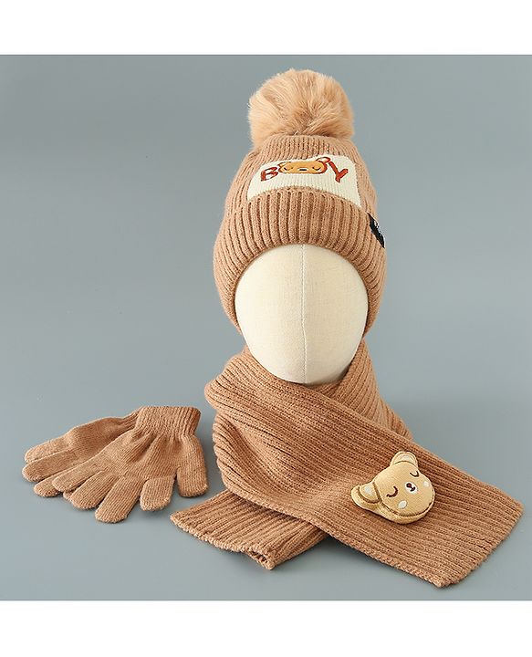 Babyhug Woolen Cap Gloves & Muffler Set - Brown