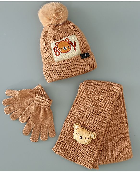 Babyhug Woolen Cap Gloves & Muffler Set - Brown