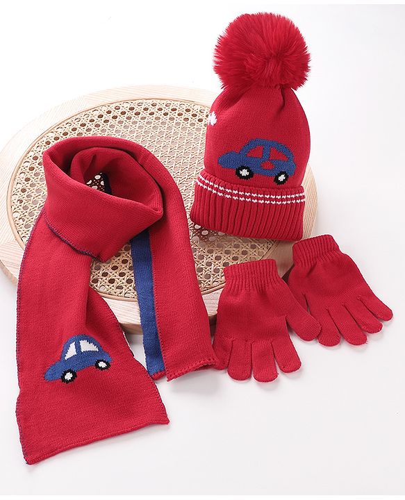 Babyhug Woolen Cap Gloves & Muffler Set - Red