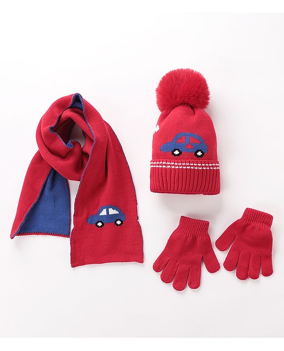 Babyhug Woolen Cap Gloves & Muffler Set - Red
