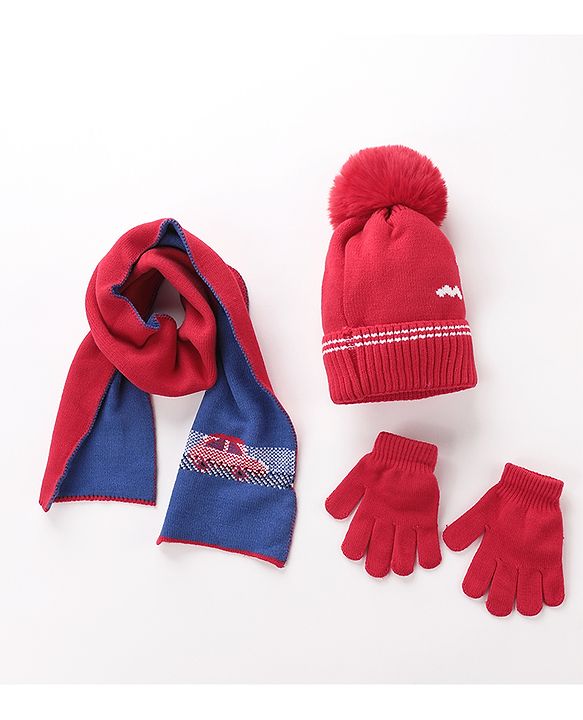 Babyhug Woolen Cap Gloves & Muffler Set - Red