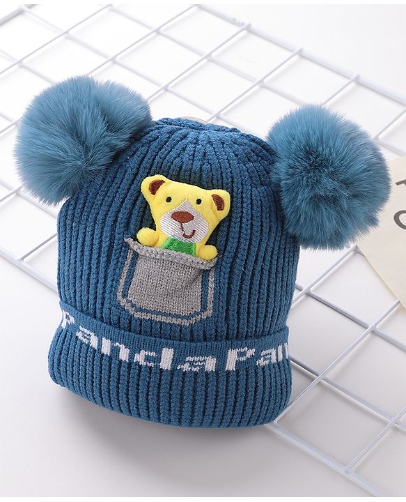 Babyhug Woollen Pom Pom Cap Bear Applique Small Size - Blue