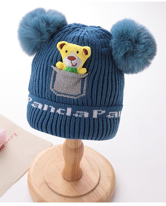 Babyhug Woollen Pom Pom Cap Bear Applique Small Size - Blue