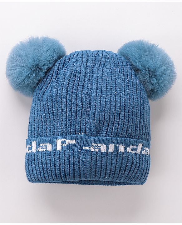 Babyhug Woollen Pom Pom Cap Bear Applique Small Size - Blue