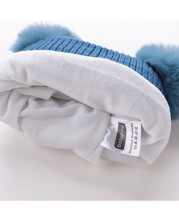 Babyhug Woollen Pom Pom Cap Bear Applique Small Size - Blue