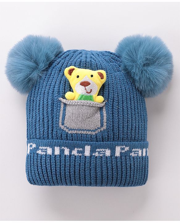 Babyhug Woollen Pom Pom Cap Bear Applique Small Size - Blue