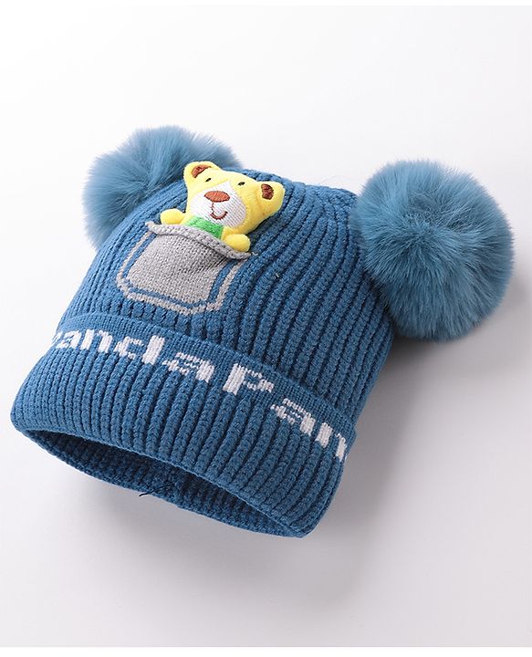 Babyhug Woollen Pom Pom Cap Bear Applique Small Size - Blue