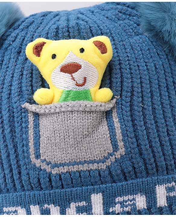 Babyhug Woollen Pom Pom Cap Bear Applique Small Size - Blue