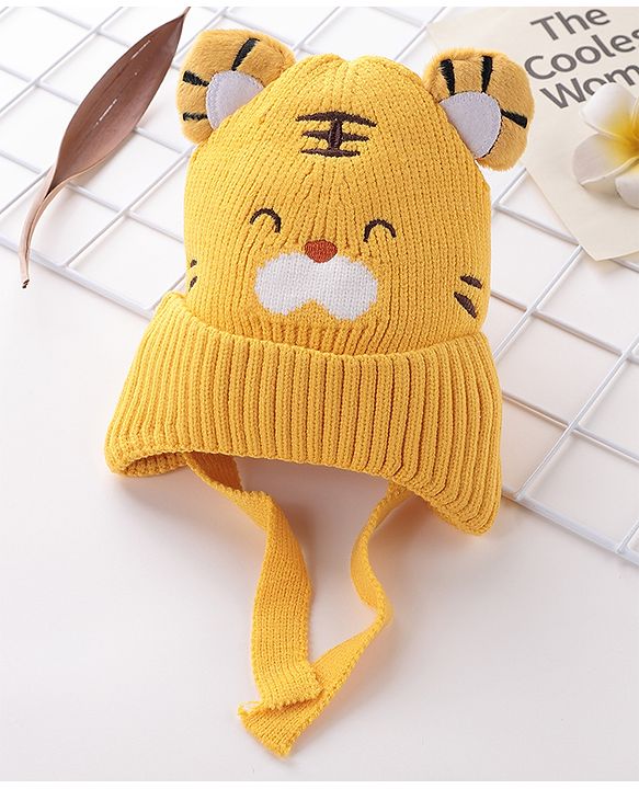 Babyhug Tiger Design Woollen Cap with Knot Medium Size - Yellow