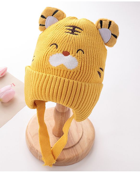 Babyhug Tiger Design Woollen Cap with Knot Medium Size - Yellow