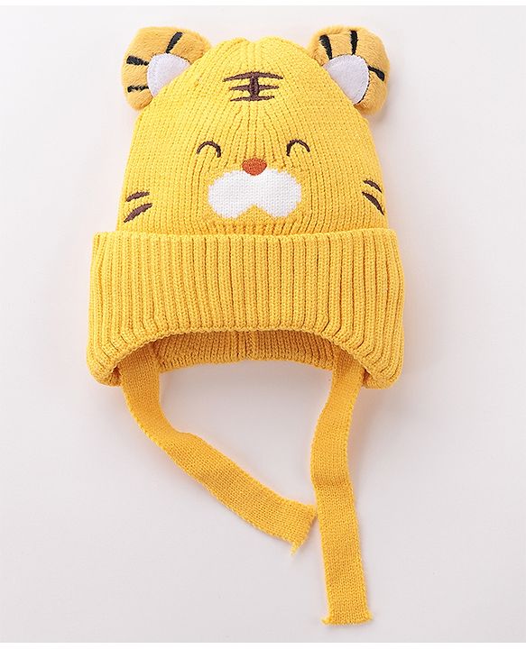 Babyhug Tiger Design Woollen Cap with Knot Medium Size - Yellow