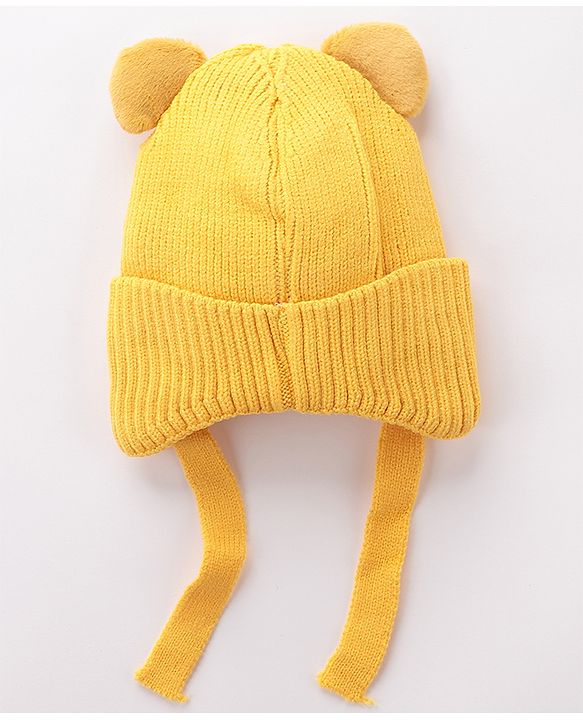 Babyhug Tiger Design Woollen Cap with Knot Medium Size - Yellow