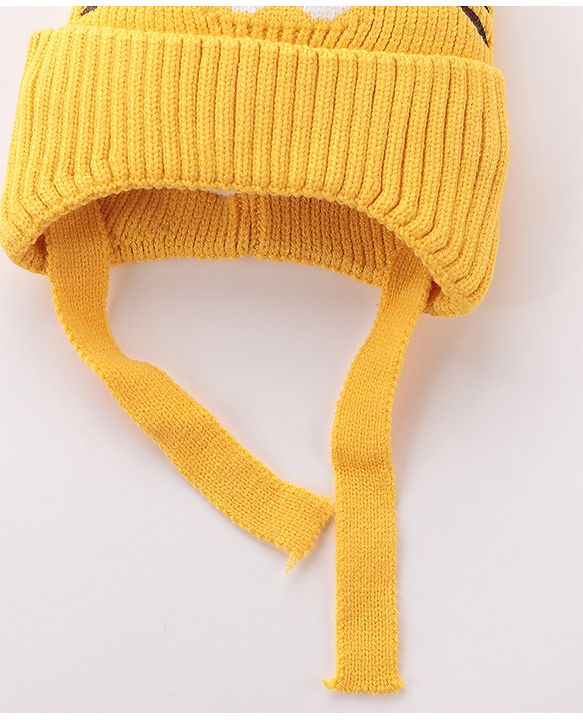 Babyhug Tiger Design Woollen Cap with Knot Medium Size - Yellow