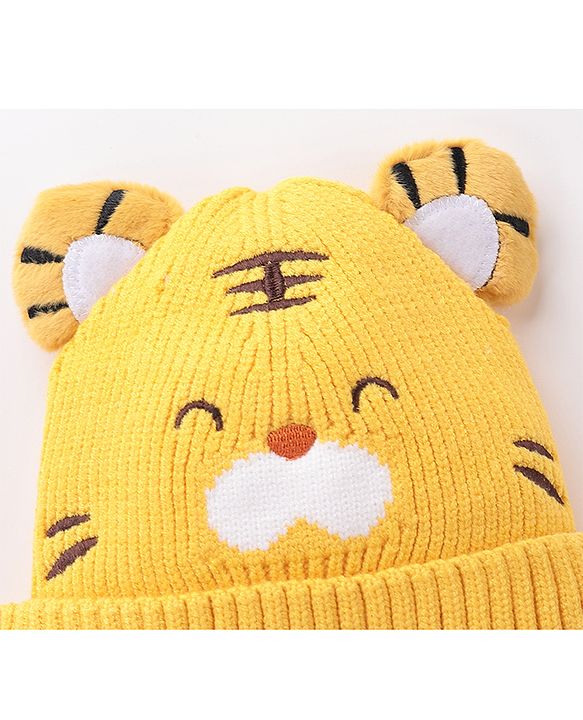 Babyhug Tiger Design Woollen Cap with Knot Medium Size - Yellow
