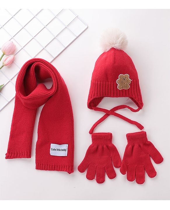 Babyhug Pom Pom Woolen Cap Muffler & Gloves Set Teddy Design - Red