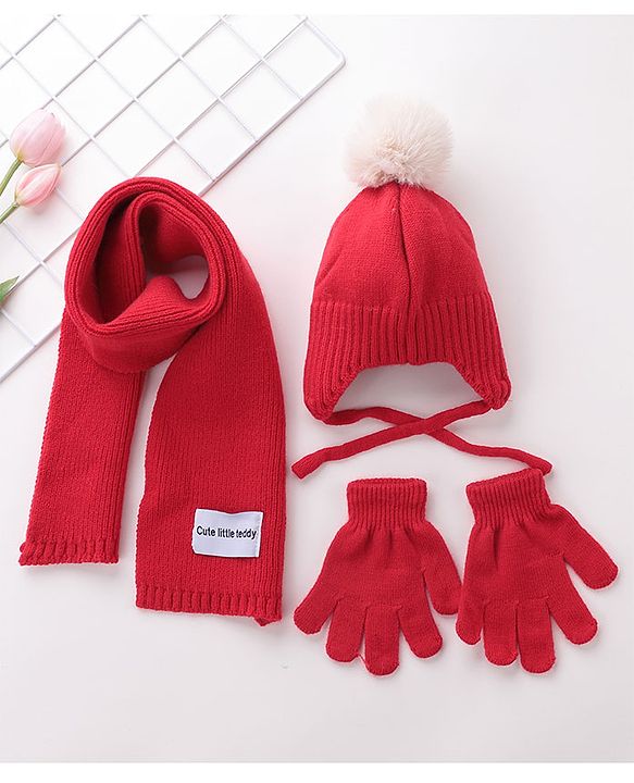 Babyhug Pom Pom Woolen Cap Muffler & Gloves Set Teddy Design - Red