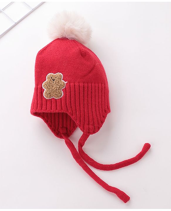Babyhug Pom Pom Woolen Cap Muffler & Gloves Set Teddy Design - Red