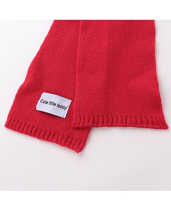 Babyhug Pom Pom Woolen Cap Muffler & Gloves Set Teddy Design - Red