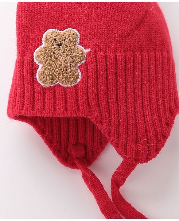 Babyhug Pom Pom Woolen Cap Muffler & Gloves Set Teddy Design - Red