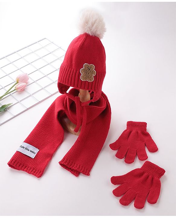 Babyhug Pom Pom Woolen Cap Muffler & Gloves Set Teddy Design - Red