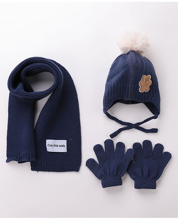 Babyhug Pom Pom Woolen Cap Muffler & Gloves Set Teddy Design - Red