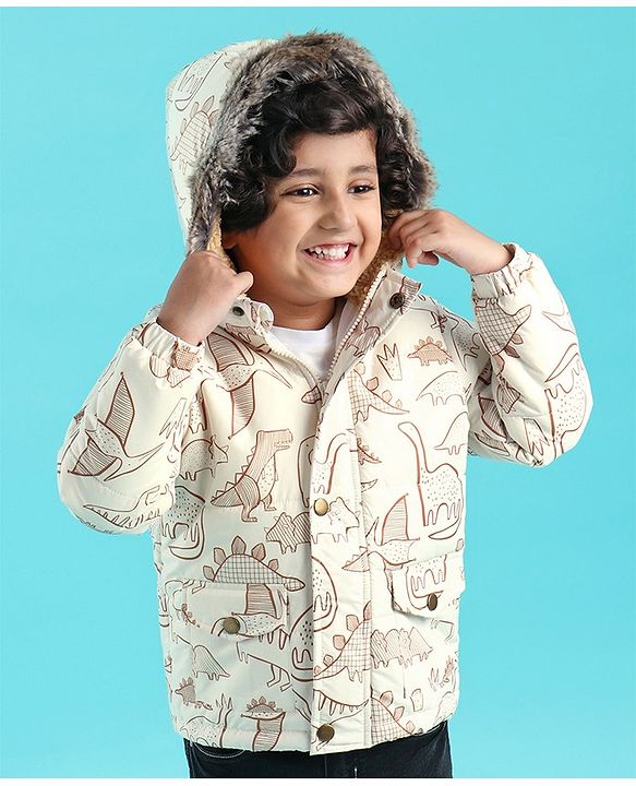 Babyhug Woven Full Sleeves Hoodie Dino Print - Beige