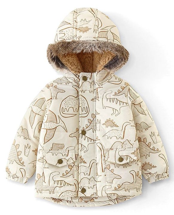 Babyhug Woven Full Sleeves Hoodie Dino Print - Beige