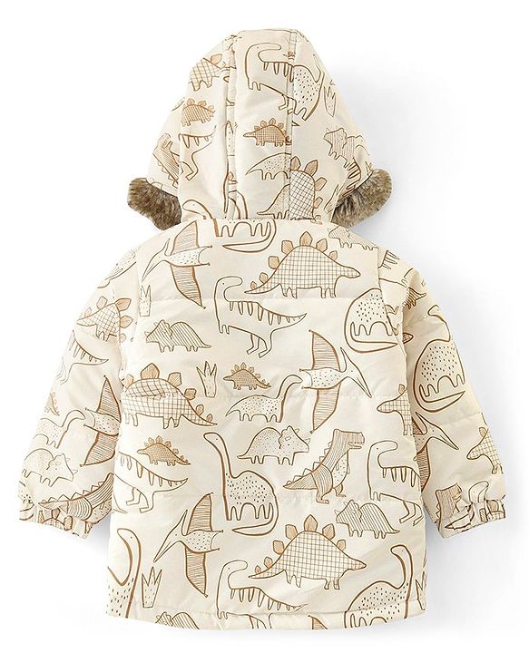 Babyhug Woven Full Sleeves Hoodie Dino Print - Beige
