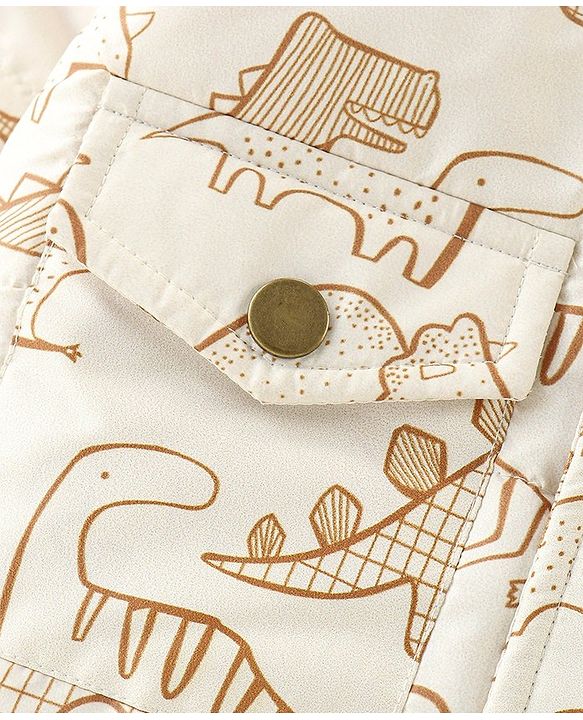 Babyhug Woven Full Sleeves Hoodie Dino Print - Beige