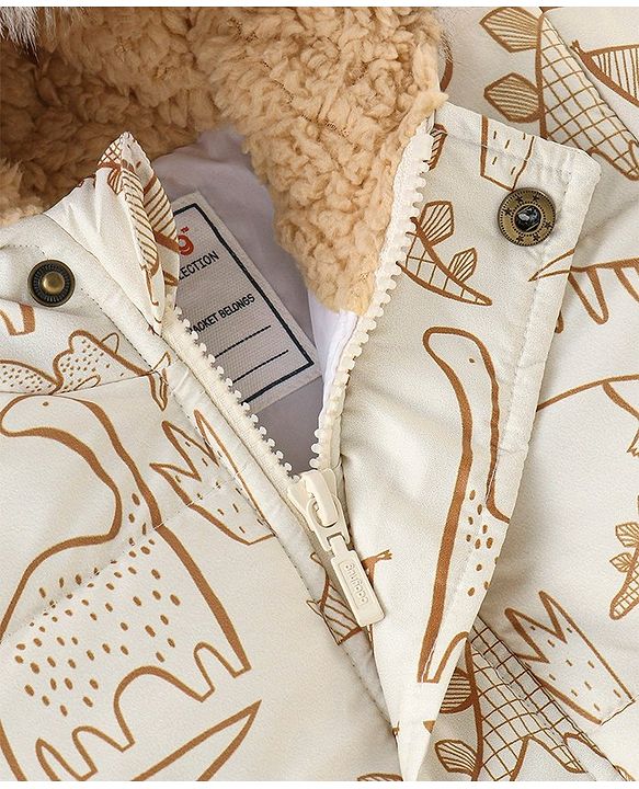 Babyhug Woven Full Sleeves Hoodie Dino Print - Beige