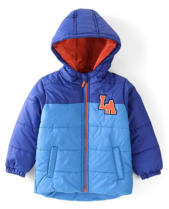 Babyhug Full Sleeves Hooded & Padded Jacket Text Embroidery- Blue