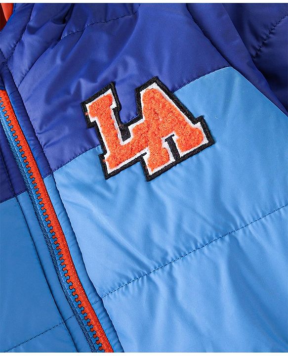 Babyhug Full Sleeves Hooded & Padded Jacket Text Embroidery- Blue