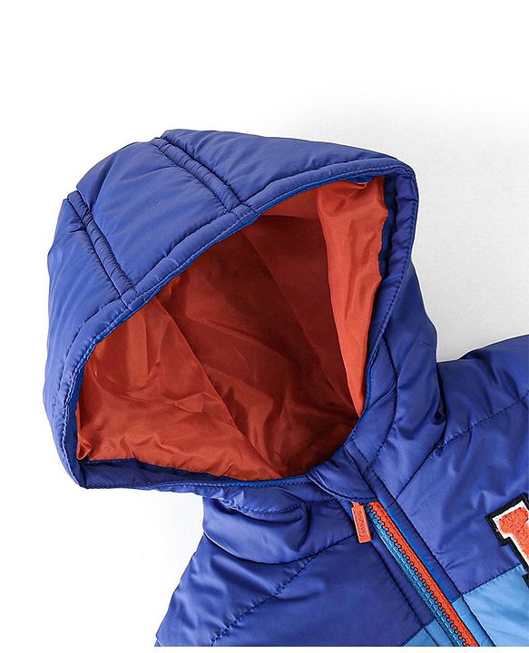 Babyhug Full Sleeves Hooded & Padded Jacket Text Embroidery- Blue