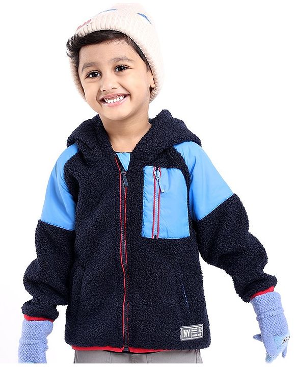 Babyhug Woven Full Sleeves Jacket with Hood Solid Colour - Navy Blue