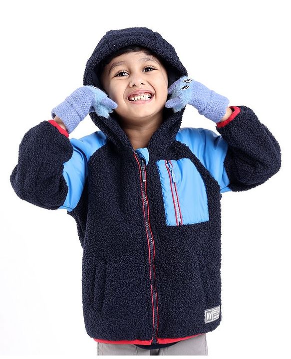 Babyhug Woven Full Sleeves Jacket with Hood Solid Colour - Navy Blue