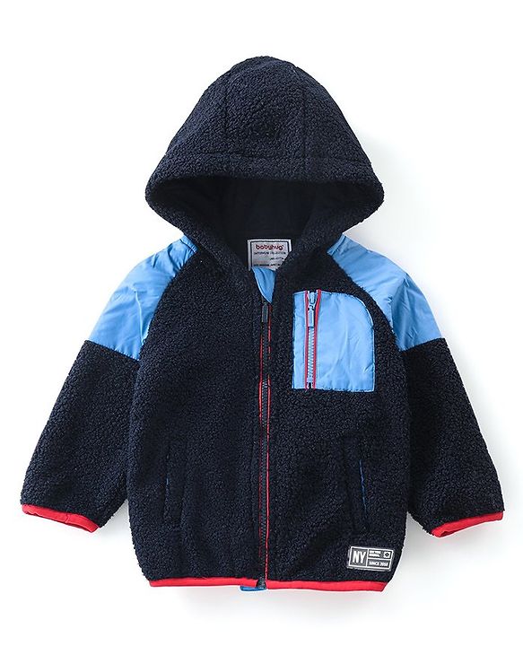 Babyhug Woven Full Sleeves Jacket with Hood Solid Colour - Navy Blue