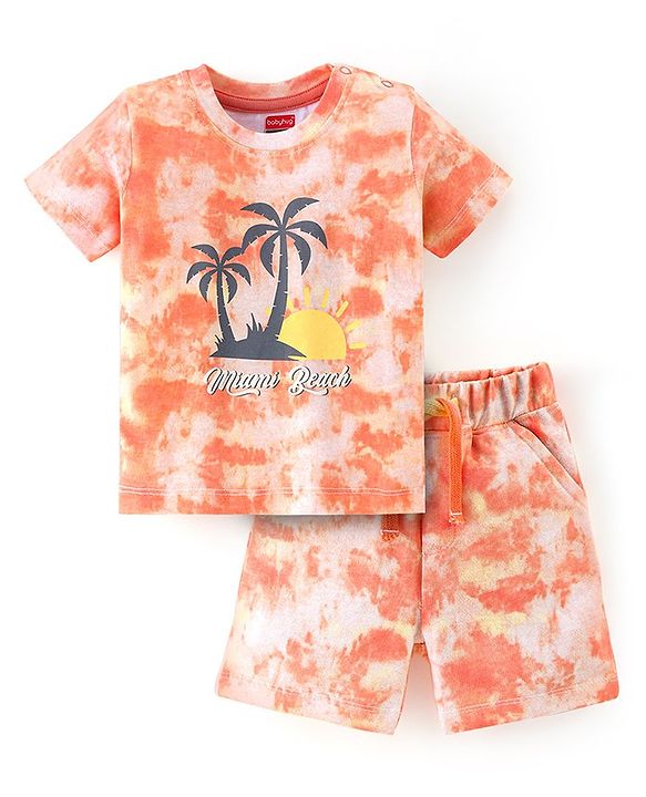 Babyhug 100% Cotton Knit Half Sleeves Beach Print T-Shirt & Shorts Set - Peach