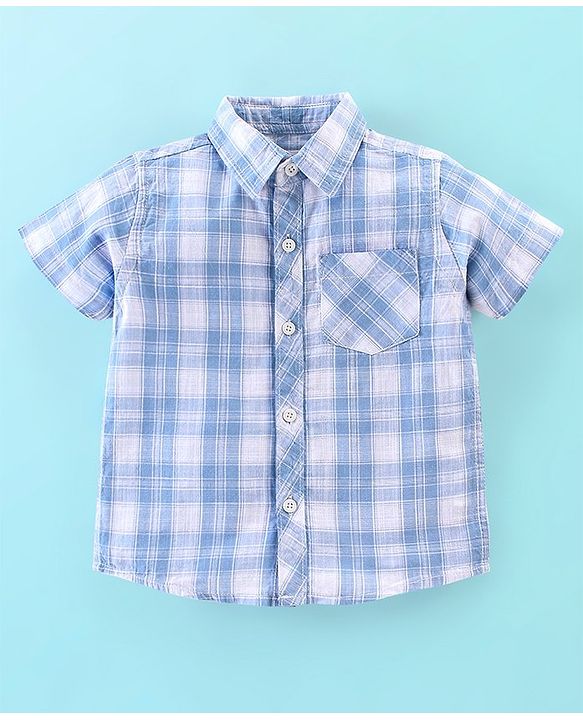 Babyhug 100% Cotton Woven Half Sleeves Checked Shirt with Text Print T-Shirt - Blue