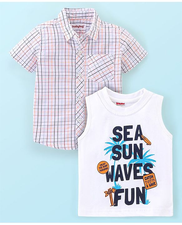 Babyhug 100% Cotton Half Sleeves Checked Shirt with Text Print T-Shirt - White