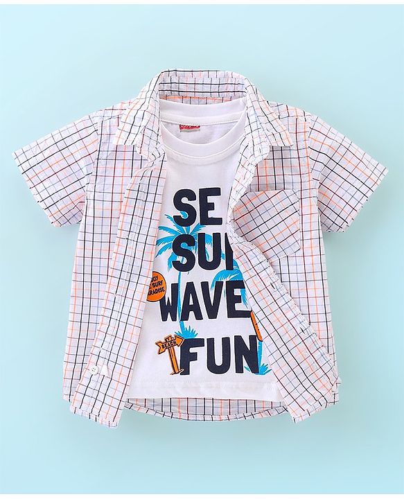 Babyhug 100% Cotton Half Sleeves Checked Shirt with Text Print T-Shirt - White